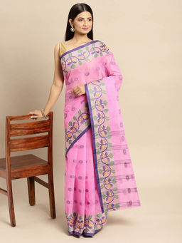 DESH BIDESH - Pure Handloom Cotton Saree Pushpanjali Woven Designer Pink without Blouse