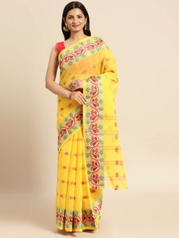 DESH BIDESH - Pure Handloom Cotton Saree Pushpanjali Woven Designer Yellow without Blouse