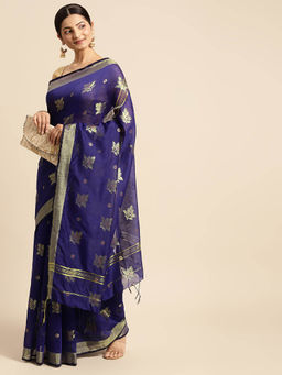 DESH BIDESH - Tant Silk Handloom Cotton Saree Rose Navy Blue with Unstitched Blouse