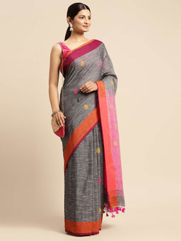 DESH BIDESH - Cotton Bengali Tant Handloom Cotton Saree Round Designed Pink with Unstitched Blouse