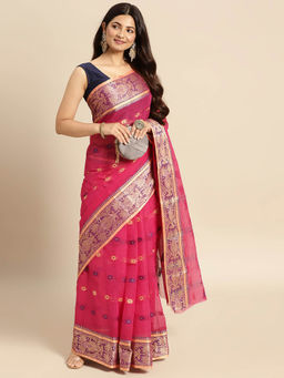 DESH BIDESH - Bengal Tant Woven Bee Polka Design Pure Handloom Cotton Saree Pink without Blouse