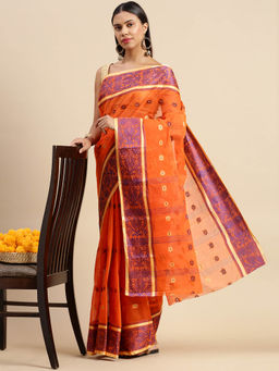 DESH BIDESH - Bengal Tant Woven Bee Polka Design Pure Handloom Cotton Saree Pink without Blouse