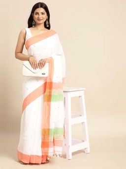 DESH BIDESH - Tri Color Pure Cotton Handloom Saree White with Unstitched Blouse