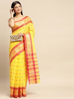 DESH BIDESH - Cotton Bengal Tant Saree with Nakshi Kata Design Yellow without Blouse