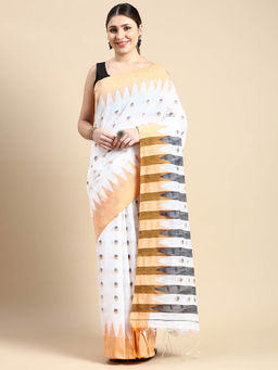 DESH BIDESH - Bengali Tant Cotton Saree Khadi Temple Par Designed White with Unstitched Blouse