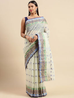 DESH BIDESH - Bengal Tant Tri Leaf Woven Design Pure Handloom Cotton Saree Grey without Blouse