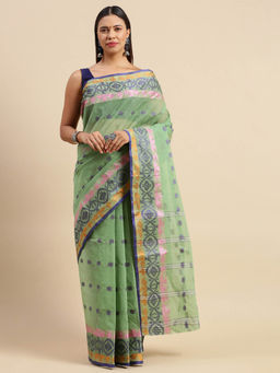 DESH BIDESH - Bengal Tant Tri Leaf Woven Design Pure Handloom Cotton Saree Green without Blouse
