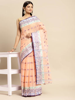 DESH BIDESH - Bengal Tant Tri Leaf Woven Design Pure Handloom Cotton Saree Peach without Blouse