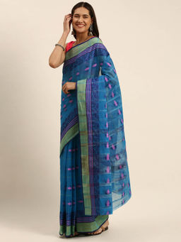 DESH BIDESH - Bengal Trinayan Design Pure Handloom Cotton Saree Blue without Blouse