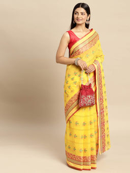 DESH BIDESH - Bengal Trinayan Design Pure Handloom Cotton Saree Yellow without Blouse