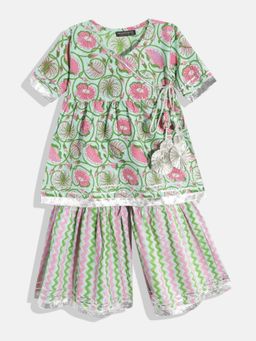Readiprint - A Line Gathered Green Cotton Kurta With Sharara (Set of 2)
