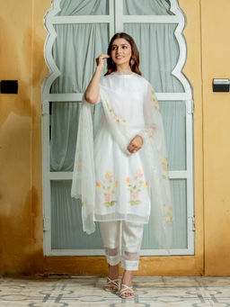 Kohsh - White Hand Painted Organza Kurta (Set of 3)
