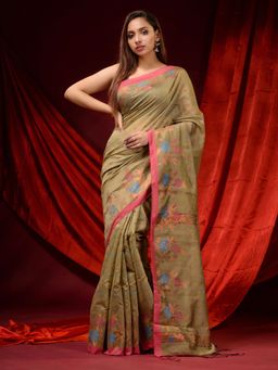 CHARUKRITI - Moss Green Blended Cotton Ethnic Motifs and Floral Borders Saree with Unstitched Blouse