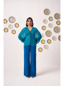 Western Era - Blue Organza Kaftan Top With Shimmer Spaghetti