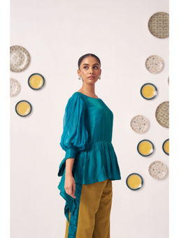 Western Era - Shimmer Blue Pleated Top With Bow Tie Sleeve