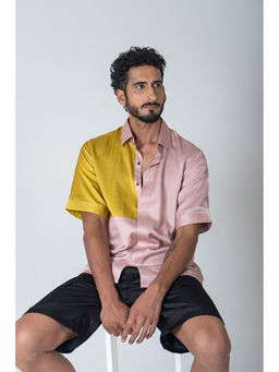 NEORA BY NEHAL CHOPRA - Peach Collar Neck Colo Block Shirt