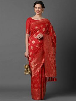 Odette - Red Festive Silk Blend Woven Design Saree with Unstitched Blouse