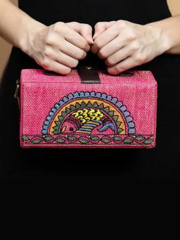 Gonecase - Madhubani Peach Fish Hand Embroidered Jute Clutch Bag