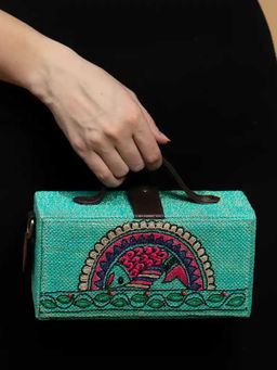 Gonecase - Madhubani Teal Fish Hand Embroidered Clutch Bag