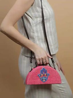 Gonecase - Hamsa Pink Half Round Embroidered Jute Bag