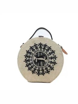 Gonecase - Warli Art Hand Embroidered Round Jute Bag