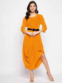Uptownie - Pleated Cowl Cut Midi Dress-Yellow