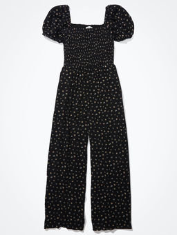 American Eagle - Women Black Smocked Puff-sleeve Jumpsuit