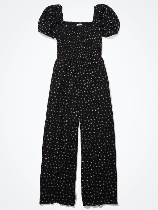 Buy American Eagle Women Black Smocked Puff-sleeve Jumpsuit Online