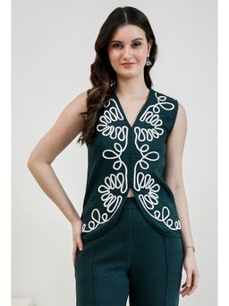 AAREIN - Bottle Green Linen Embroidered Top