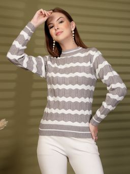 Clora Creation - Light Grey Zigzag Striped Woollen Sweater