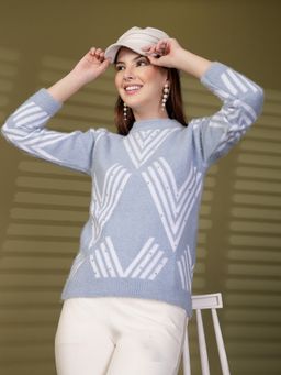 Clora Creation - Sky Blue Embellished Geometric Woollen Sweater