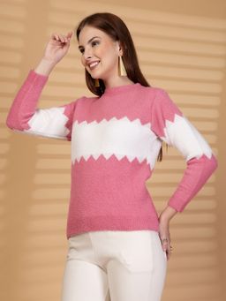Clora Creation - Pink and White Zigzag Pattern Woollen Sweater