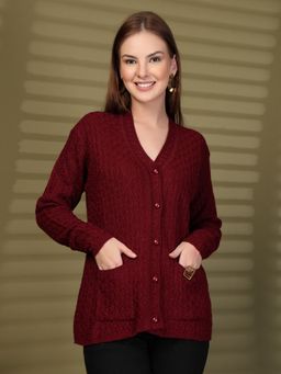 Clora Creation - Maroon Textured Knitted Button-Down Cardigan with Pockets