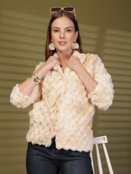 Clora Creation - Cream Textured Faux Fur Button-Down Cardigan