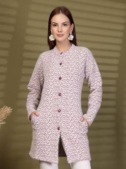 Clora Creation - Lavender Longline Knitted Button-Down Woollen Cardigan with Pockets