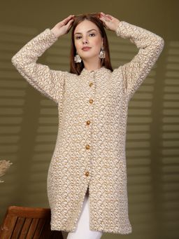 Clora Creation - Brown Longline Knitted Button-Down Woollen Cardigan with Pockets