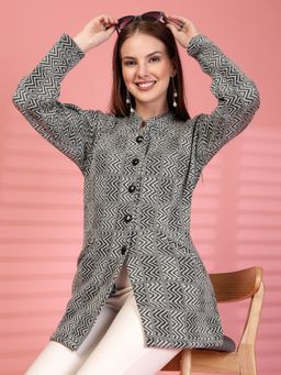 Clora Creation - Grey Textured Button-Down Woollen Cardigan with Pockets