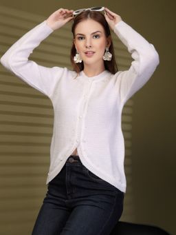 Clora Creation - White Embellished Knitted Button-Down Woollen Cardigan