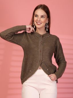 Clora Creation - Olive Embellished Knitted Button-Down Woollen Cardigan