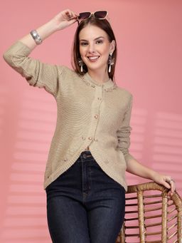 Clora Creation - Beige Embellished Knitted Button-Down Woollen Cardigan