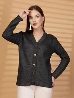 Clora Creation - Dark Grey Textured Button-Down Woollen Cardigan