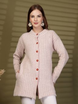 Clora Creation - Red Longline Textured Button-Down Woollen Cardigan