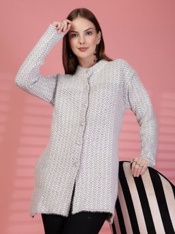 Clora Creation - Grey Longline Textured Button-Down Woollen Cardigan