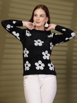 Clora Creation - Black Floral Embellished Woollen Sweater