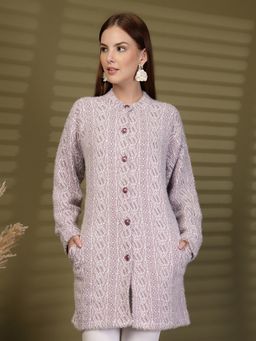 Clora Creation - Lavender Longline Textured Button-Down Woollen Cardigan