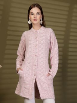 Clora Creation - Pink Longline Textured Button-Down Woollen Cardigan