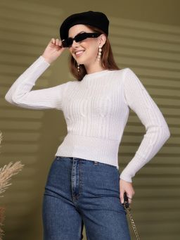 Clora Creation - White Knitted Textured Woollen Sweater