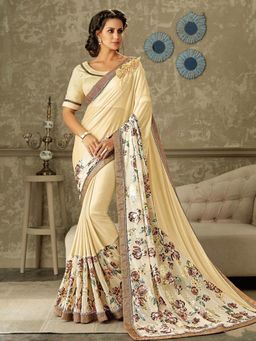 Odette - Cream Lycra Designer Saree with Unstitched Blouse