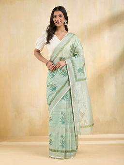 Fabindia - Green Cotton Silk Blend Printed Saree