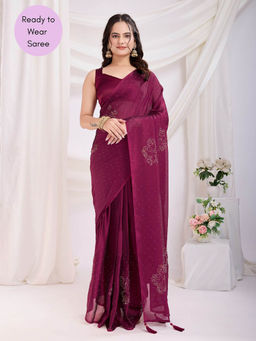 VAIRAGEE - Wine Rangoli Silk ready to wear Saree With hook With Unstitched Blouse